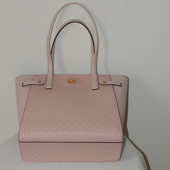 NWT $498 MICHAEL KORS CARMEN MK Monogram LARGE TZ DK PWDR BLSH Tote Shoulder BAG - Picture 2 of 11